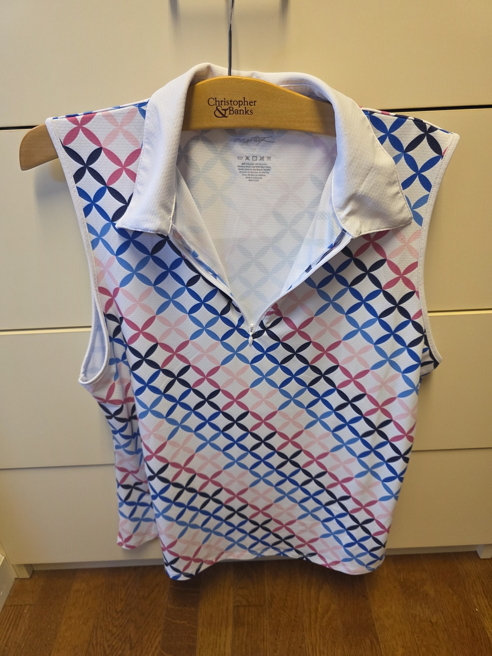 Gottex Sleeveless Polo Tank Top in White with Blue & Pink Geometric Print